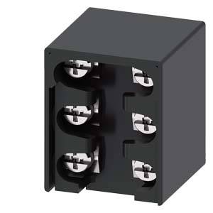Schwarzer elektrischer Klemmblock oder Relaisstecker mit sechs Schraubanschlüssen auf einem rechteckigen Gehäuse, in der Schrägansicht dargestellt.