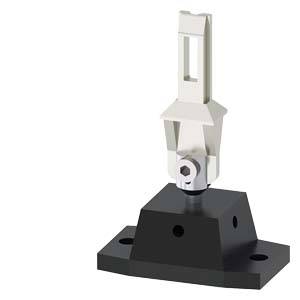 3D-Darstellung einer schwarzen Basis mit einer vertikal angebrachten weißen mechanischen Klemmvorrichtung oder einem Aktuator, dargestellt vor einem schlichten Hintergrund.