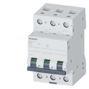 Weißer dreipoliger Siemens-Leitungsschutzschalter mit drei Kippschaltern auf einfachem Hintergrund.