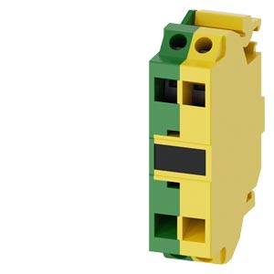 Grünes und gelbes elektrisches Relaismodul mit Terminalöffnungen, in Seitenansicht auf weißem Hintergrund dargestellt.