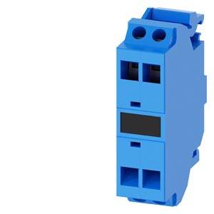 Blauer Elektroklemmenblock mit vorderen Schraubenöffnungen und Drahtschlitzen auf weißem Hintergrund.