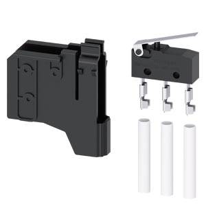 Schwarze Elektroschalter-Baugruppe, dargestellt in zwei Ansichten: das Gehäuse auf der linken Seite und der Hebel, die Anschlüsse und die drei Drahtverbinder auf der rechten Seite.