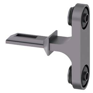 Graues Metallscharnier oder Halterung mit zwei kreisförmigen Schwenklöchern und einem flachen rechteckigen Arm, der sich nach links erstreckt.