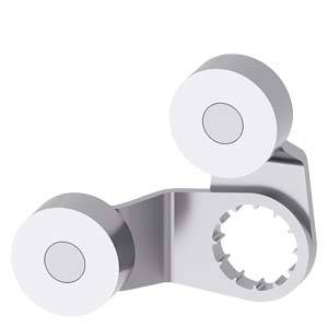 Metallkabelführungsrollenset mit drei weißen kreisförmigen Rollen in einer gebogenen Halterung, das zum Führen oder Unterstützen eines sich bewegenden Kabels oder Riemens verwendet wird.
