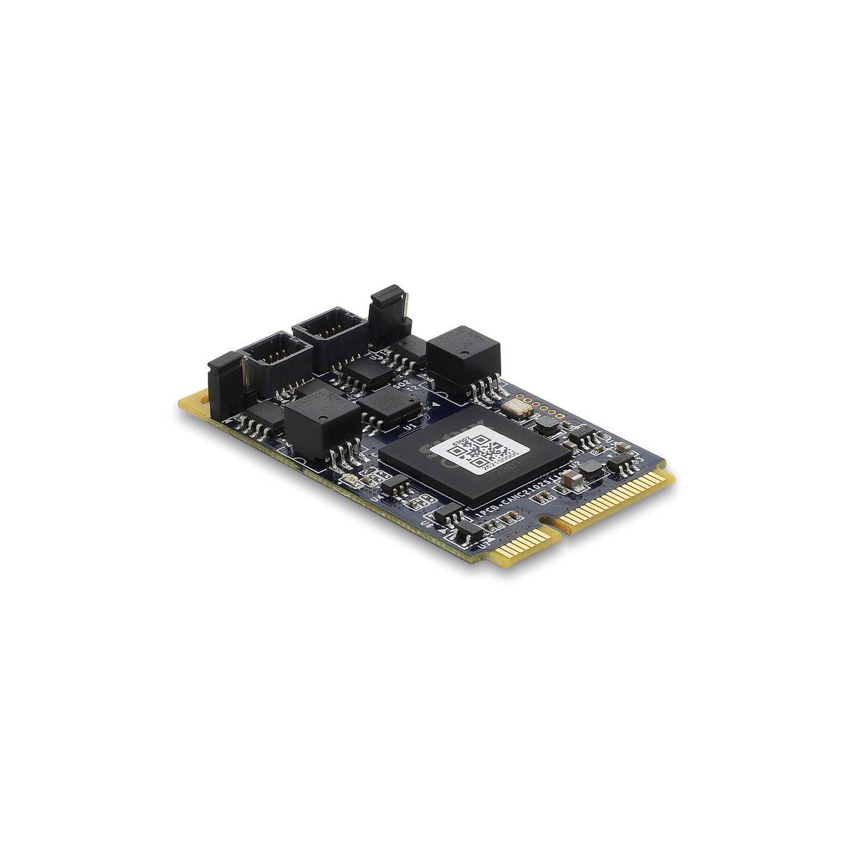 Kleines elektronisches Schaltplattenmodul mit Steckverbindern und einem zentralen Chip auf weißem Hintergrund.