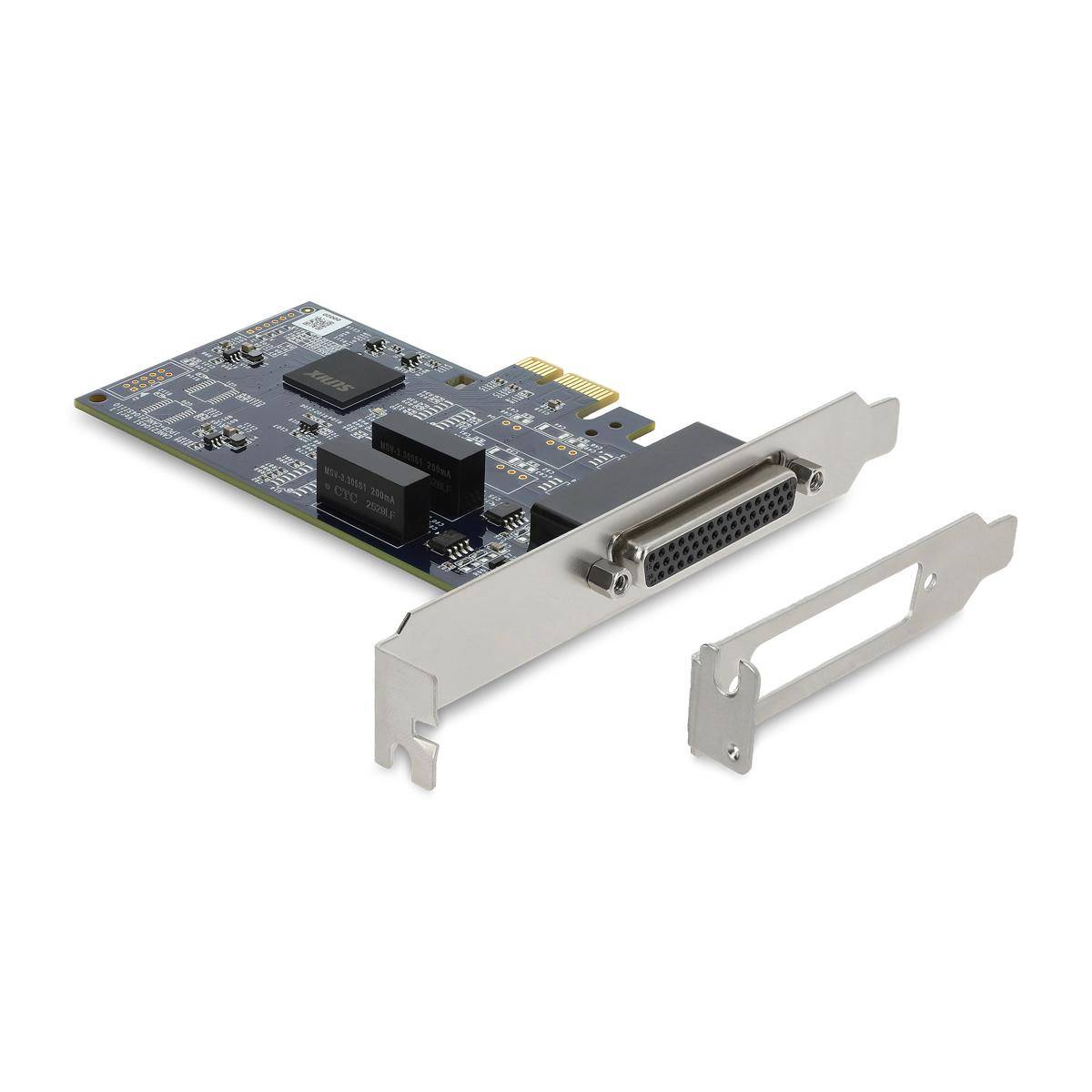 PCI-Erweiterungskarte mit DB-25-Buchse und separatem Low-Profile-Halteradapter.