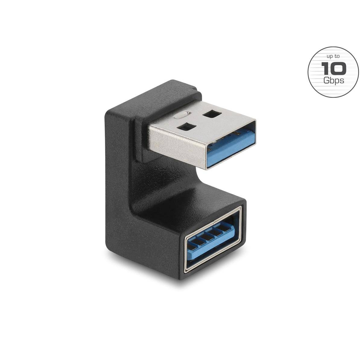 Schwarzer USB 3.0 Winkeladapter mit Stecker und Buchse, gekennzeichnet mit 
