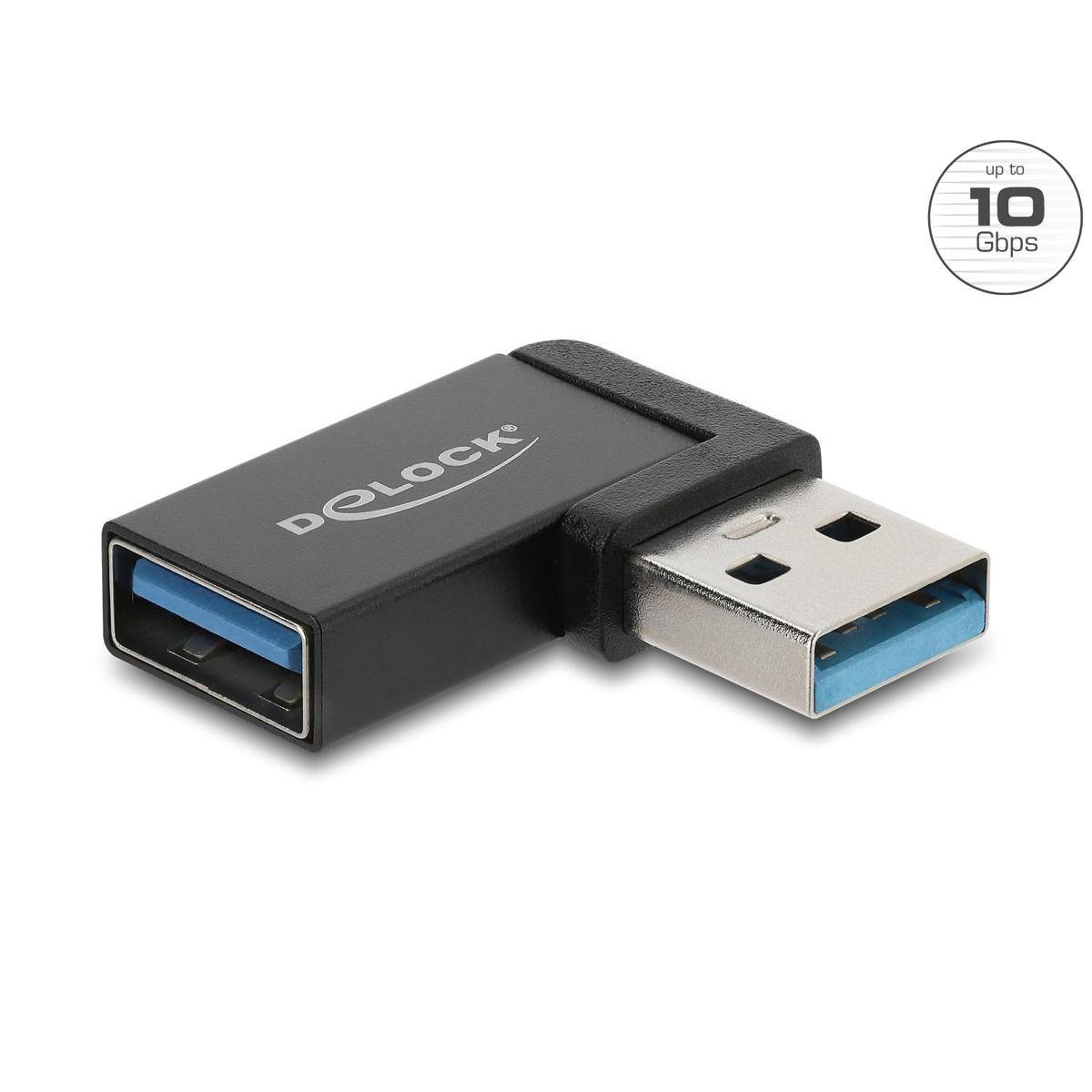 Rechtwinkliger USB-3.0-Adapter mit USB-A-Stecker und -Buchse, beschriftet mit „bis zu 10 Gbps