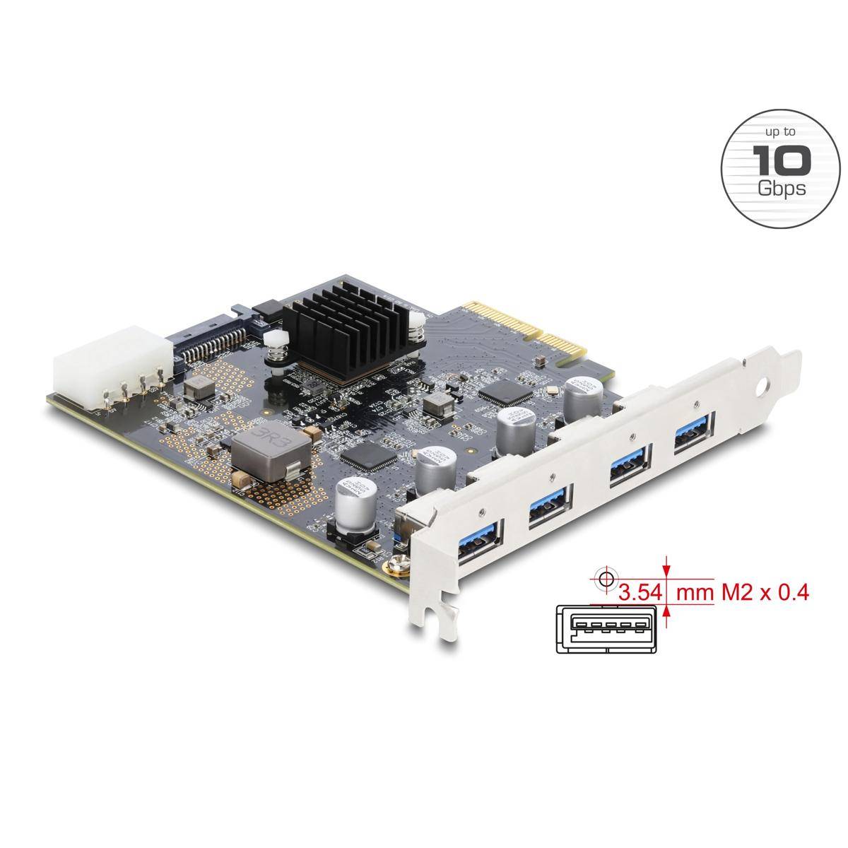 PCIe-Erweiterungskarte mit vier USB-3.1-Anschlüssen und Beschriftung „bis zu 10 Gbps