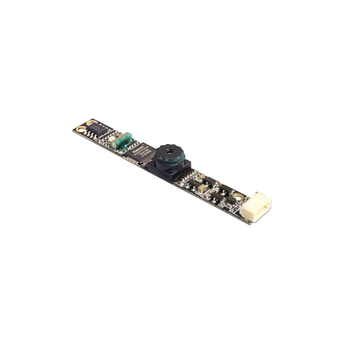 Kleine elektronische Sensorplatine mit kameraähnlichem Objektiv und Stecker, gezeigt auf weißem Hintergrund.