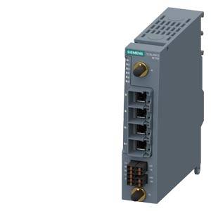Siemens Industrial Network Switch Modul mit vier Ethernet-Anschlüssen und zwei Drehreglern auf einem grauen Gehäuse.