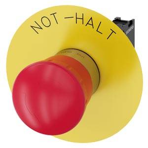 Roter pilzförmiger Nothalter mit der Aufschrift „NOT-HALT