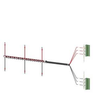 Kabelbaugruppen-Diagramm, das ein langes Kabel mit drei Stützpfosten zeigt, das sich auf der rechten Seite in zwei Steckerblöcke verzweigt, mit roten und schwarzen Drahtgruppen.