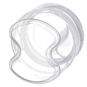 Transparenter Silikon-Babyflaschensauger mit breiter Basis, isoliert auf weißem Hintergrund gezeigt.