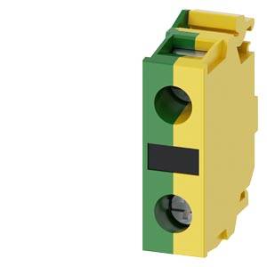 Grüner und gelber elektrischer Klemmblock mit zwei runden Steckverbindungsanschlüssen, dargestellt auf weißem Hintergrund.