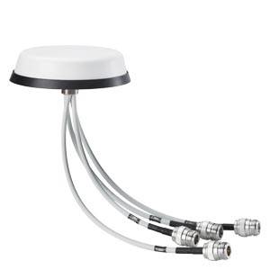 Eine GPS-Antenne mit einer flachen weißen Kuppel und vier verbundenen silbernen Kabeln, die in Metallverbindern enden.