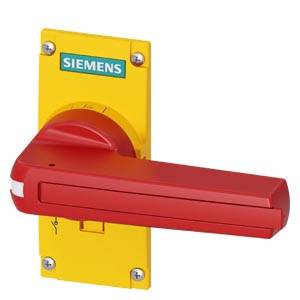Roter Siemens-Drehtrennschalter mit langem Hebelbetätiger auf einer gelben Montageplatte.