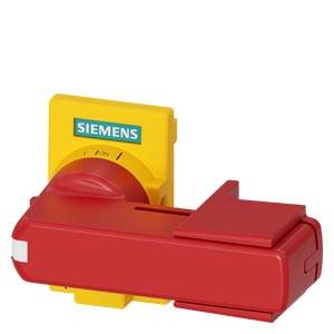 Siemens Rot- und Gelb-Drehtrennschalter mit Griff, dargestellt auf weißem Hintergrund.