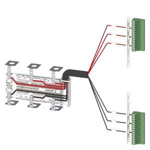 Schaltplan mit einem Kabel, das sich in zwei grüne Klemmenblöcke aufteilt, mit roten und schwarzen Leitern, die durch eine montierte Relais- oder Steckerverbinderbaugruppe verbunden sind.