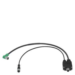 Zwei schwarze Kabel mit kreisförmigen Steckern und einem schwarzen Anschlussblock, ein Kabel endet in einem grünen abgewinkelten Stecker.