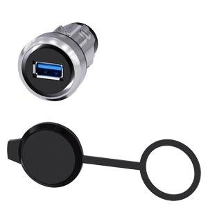 Chrome-Frontplattenmontageanschluss USB Typ-A mit angebrachter Schutzkappe an einer Sicherungsleine