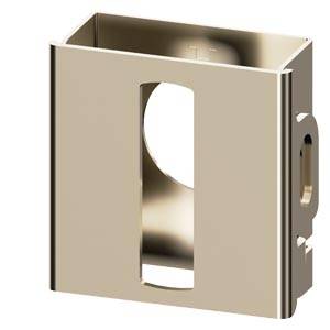 Beigefarbene Metallwandplatte mit einer schmalen vertikalen Öffnung und seitlicher Montagehardware, gezeigt auf weißem Hintergrund.