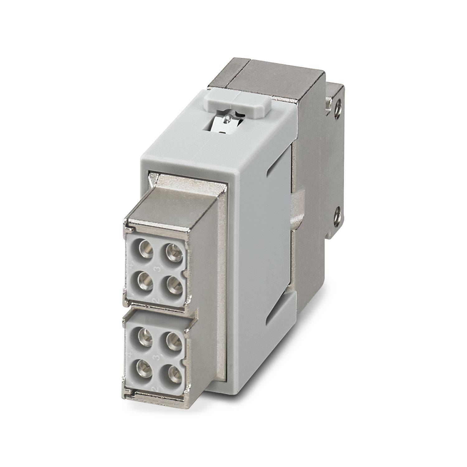 Industrielles Elektrosteckverbindermodul mit zwei gestapelten 4-poligen Buchsen in einem grauen Metallgehäuse auf weißem Hintergrund.