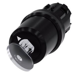 Schwarzer zylindrischer Industrie-Druckknopfschalter mit silbernem Befestigungsring und Pfeilmarkierung, abgebildet auf weißem Hintergrund.