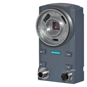 Siemens Industriesensor mit einer kreisförmigen Metallöffnung an der Vorderseite und zwei runden Anschlüssen auf einem grauen Gehäuse.