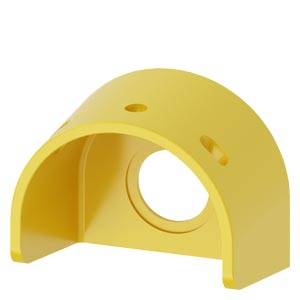 Gelbes Metallbracket oder Gehäuse mit großer kreisförmiger zentraler Öffnung und kleineren Seitenlöchern, auf weißem Hintergrund abgebildet.
