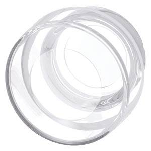 Transparente kreisförmige Glassschüssel mit klarem, geschwungenem Rand auf weißem Hintergrund.