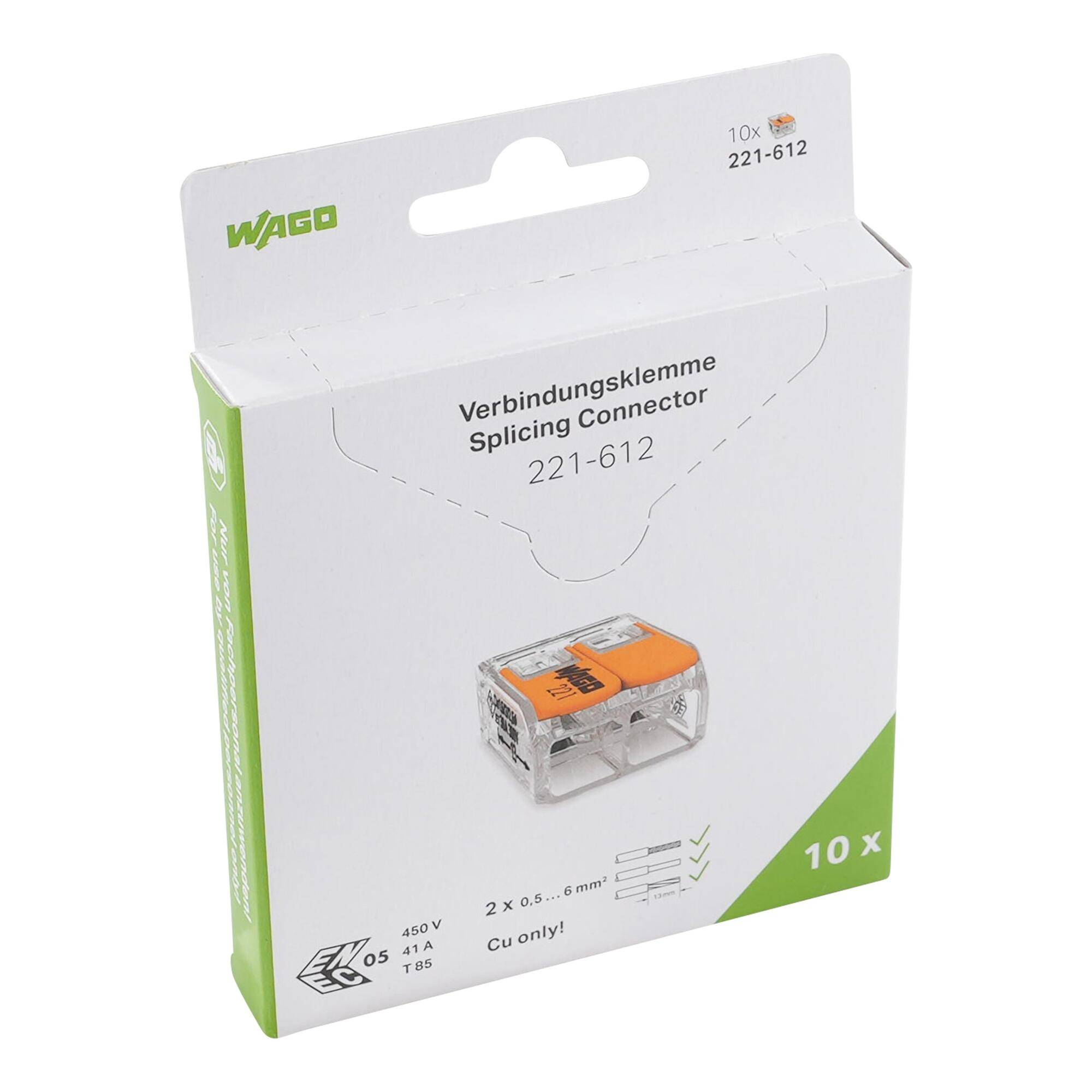 WAGO-Verpackung für ein 10er-Pack der Verbindungsklemmen 221-612, mit Abbildung des Klemmentyps und Produktspezifikationen.