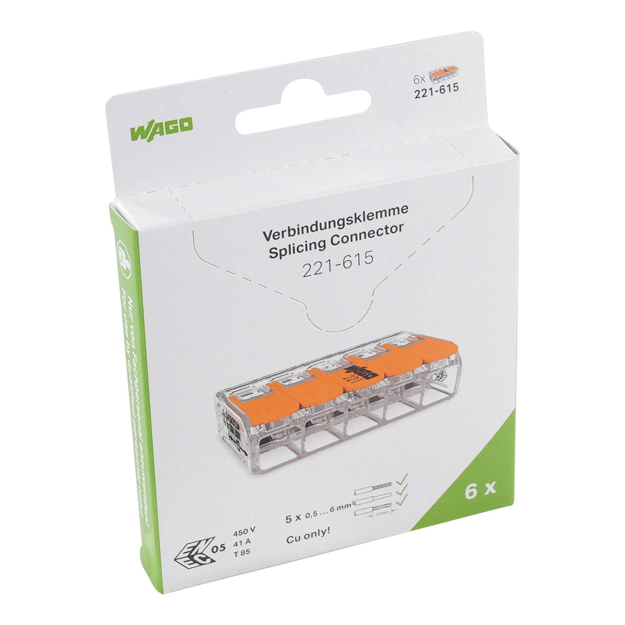 WAGO-Box für ein 6er-Pack von 221-615-Verbindungsklemmen, auf der Verpackung werden der Stecker und Produktdetails angezeigt.