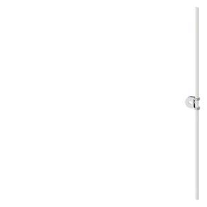 Weißer vertikaler Pfahl oder Stab mit einer kleinen Metallklemmenhalterung in der Nähe der rechten Seite auf einem schlichten Hintergrund.