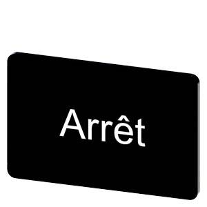 Schwarzer rechteckiger Knopf mit der weißen Aufschrift „Arrêt