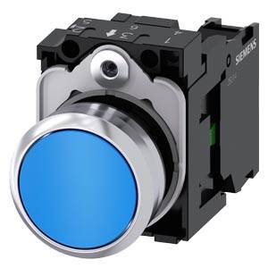 Blau beleuchteter industrieller Druckschalter auf einem schwarzen Siemens-Steuermodul mit silberner Einfassung.