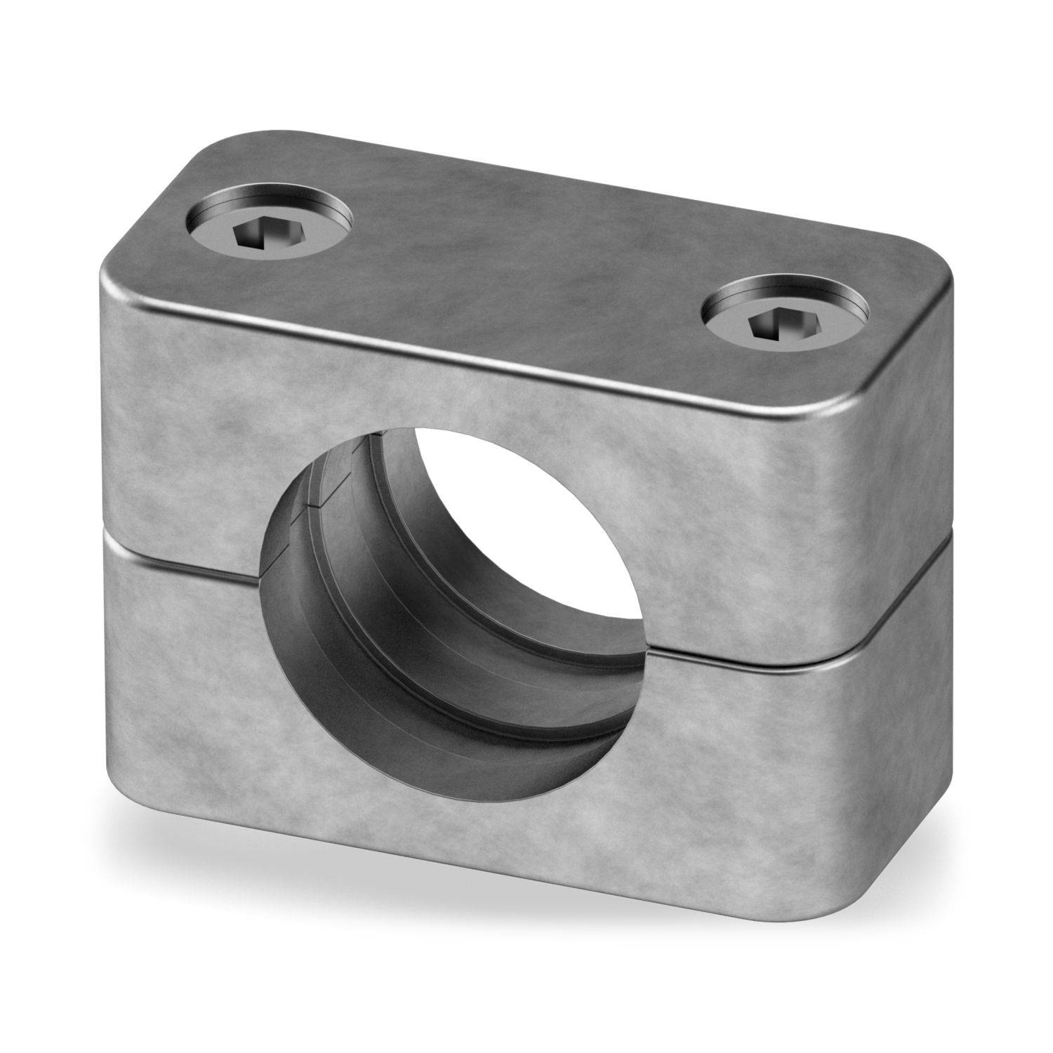 Metallklemmblock mit einem großen zentralen Kreisloch und zwei versenkten Schraubenlöchern oben, dargestellt auf weißem Hintergrund.