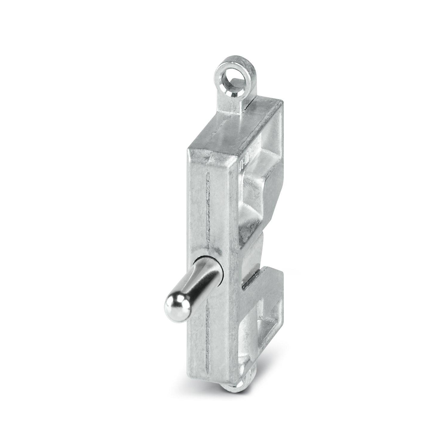 Metallriegel oder Verriegelungsmechanismus mit vorstehendem Stift, dargestellt auf weißem Hintergrund.