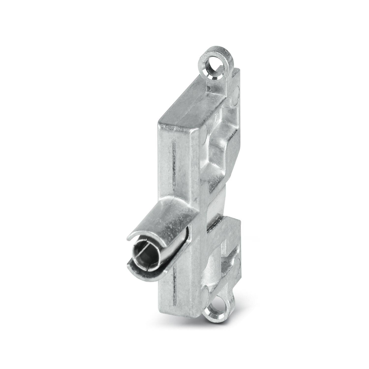 Metallischer elektrischer Stecker mit einer zylindrischen Buchse und Montagelöchern, isoliert auf weißem Hintergrund.