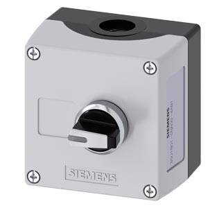 Nahaufnahme eines Siemens-Industrie-Drehschalters mit weißer Frontplatte, schwarzem Gehäuse und metallischem Hebelbetätiger.