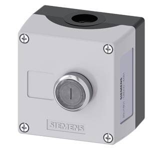 Graue Siemens Industrietasterschalterdose mit einem einzelnen zentralen Knopf und vier Eckschrauben.