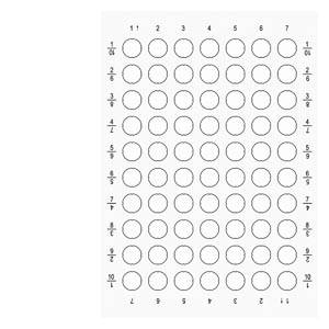 Leeres Arbeitsblatt-Gitter mit Kreisen, die 1-7 quer und 1/1 bis 10/1 hinunter beschriftet sind, zum Markieren oder Üben.