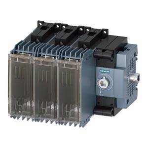 Industrielle Siemens-Elektroschaltanlage mit durchsichtiger Frontabdeckung und drei schwarzen Oberklemmen auf weißem Hintergrund.