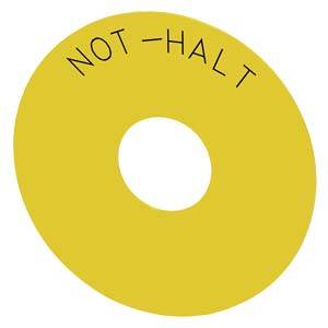 Gelber ringförmiges Schild mit gekrümmtem Text „NOT-HALT