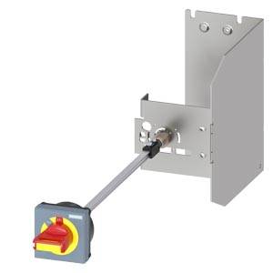 Industrieller elektrischer Trennschalter mit rotem und gelbem Drehgriff, montiert auf einem Metallgehäuse, dargestellt mit freiliegender Antriebswelle.