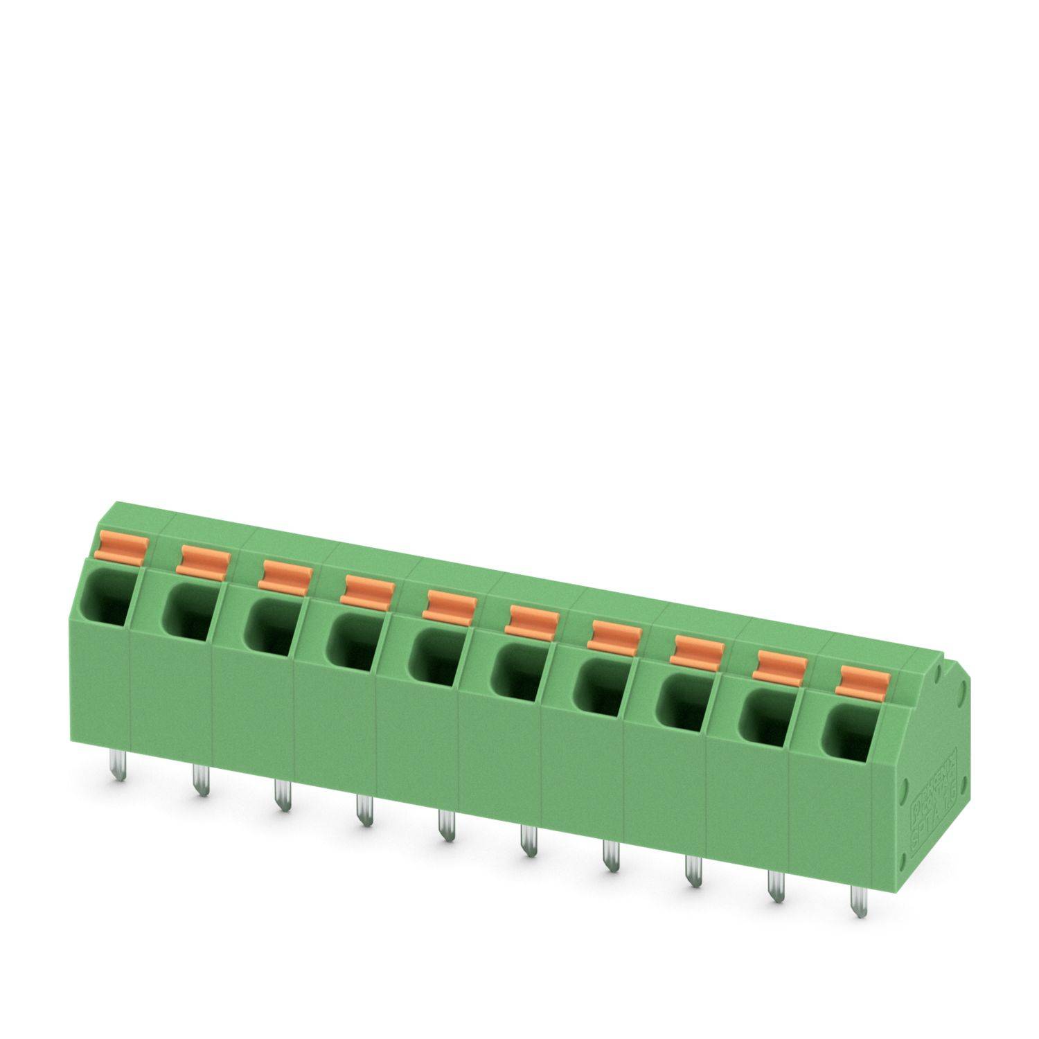 Grüner Schraubklemmenblock-Stecker mit orangefarbenen Hebeln und mehreren Stiftkontakten, gezeigt auf weißem Hintergrund.