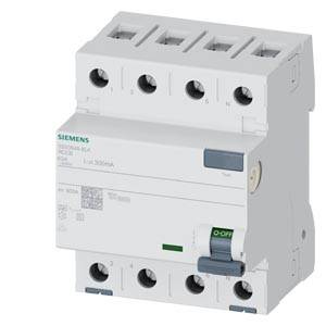 Weißer Siemens 4-poliger Leitungsschutzschalter oder Fehlerstromschutzschalter mit EIN/AUS-Kippschalter.