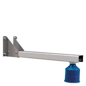 Metallische wandmontierte Stützarme mit einer blauen verstellbaren Basis oder einem Behälter am Ende, gezeigt vor einem einfachen weißen Hintergrund.