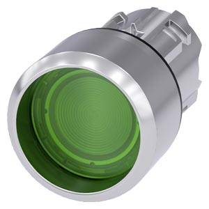 Grün beleuchteter industrieller Anzeigelichter-Schalter mit silbernem Metallgehäuse und transluzenter Linse.