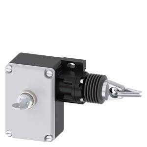 Nahaufnahme einer mechanischen Betätigungsvorrichtung oder Schalteranordnung mit einem Metallgehäuse, einer Gewindeachse und einem spitzen Stab, der nach außen ragt.